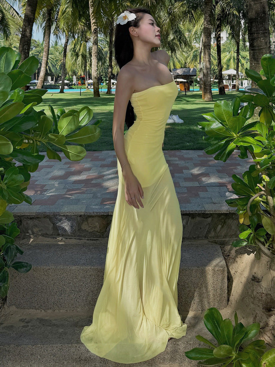 Strapless Bodycon Sheer-Skirt Mermaid Maxi Dress 3