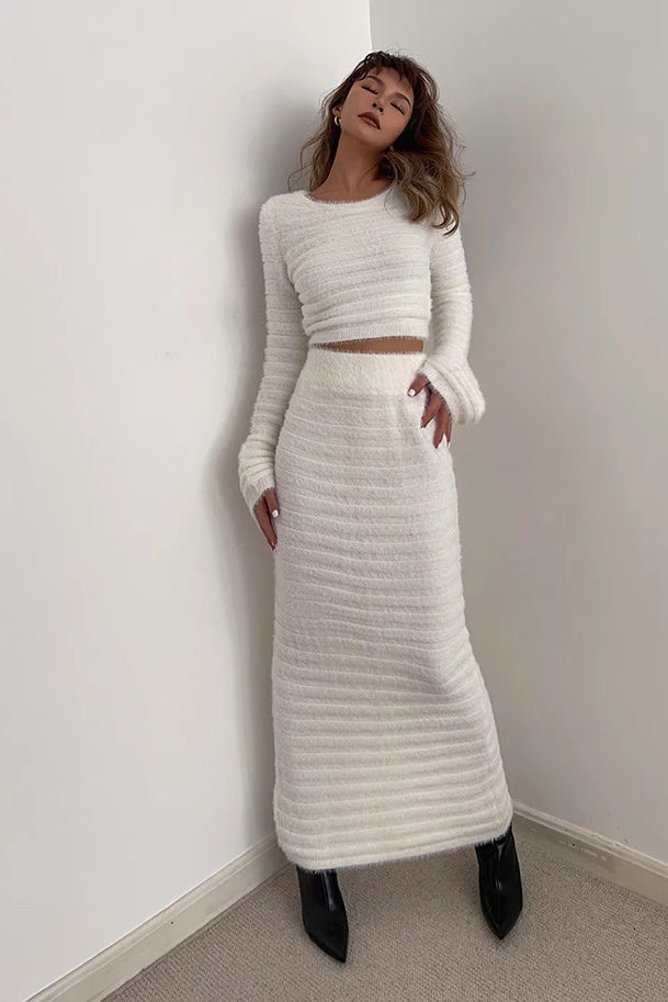 Chic Long Sleeve Crop Sweater and High Waist Skirt Set
