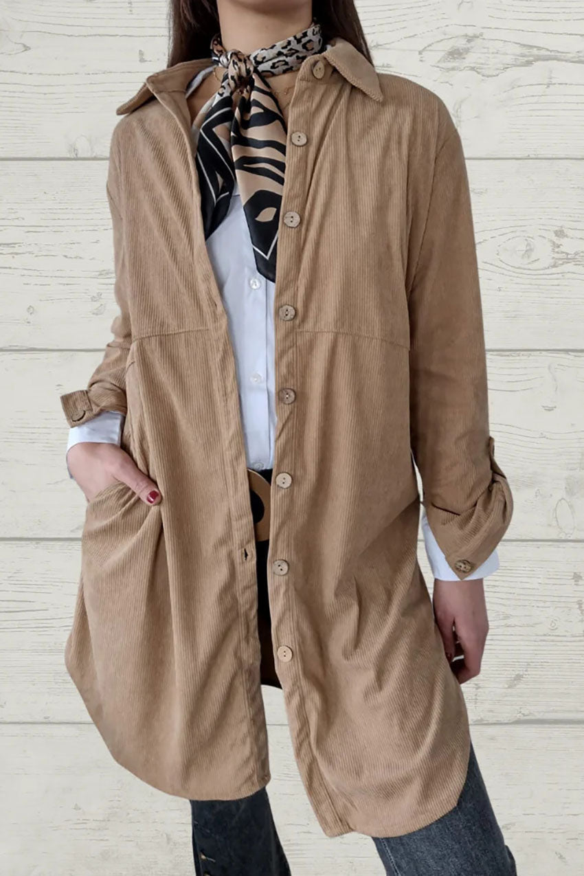 Lapel Pocket Corduroy Mid-Length Coat for Sophisticated Style
