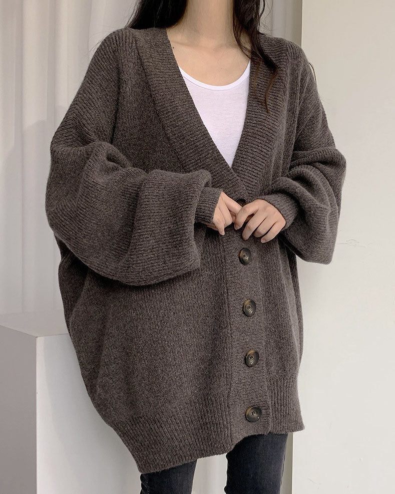 V-neck Loose Lantern Sleeve Knitted Cardigan Sweater