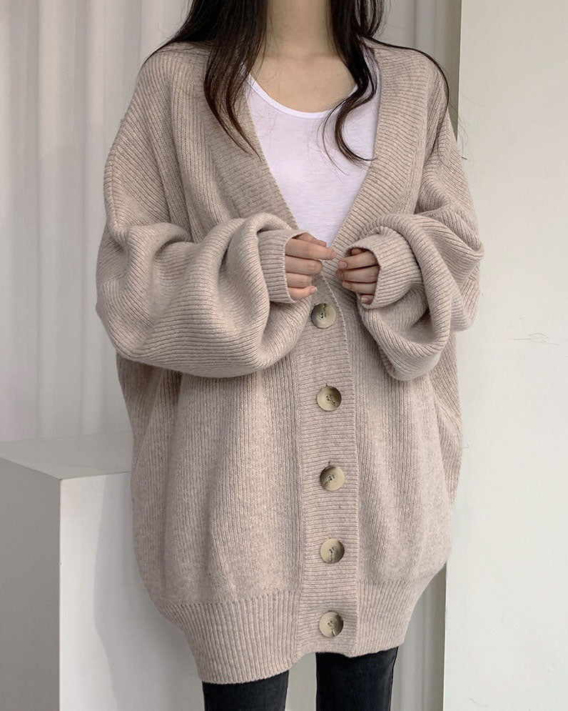 V-neck Loose Lantern Sleeve Knitted Cardigan Sweater