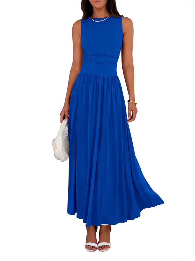 Crew Neck Sleeveless Ruched Waist Fit and Flare Maxi Dress 4