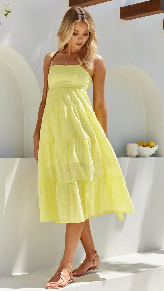 Square Neck Spaghetti Strap Tiered Midi Dress