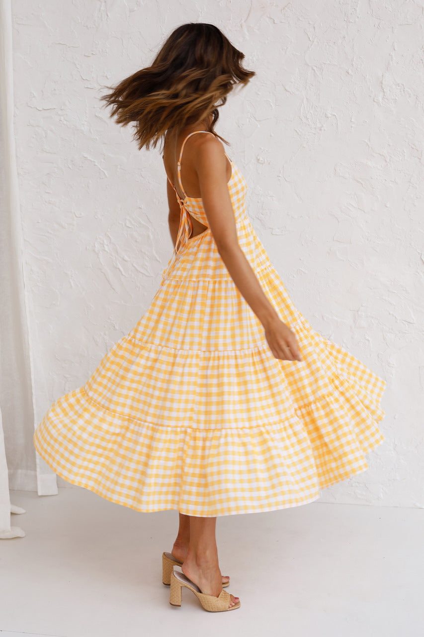 Gingham Square Neck Strappy Tiered Midi Dress
