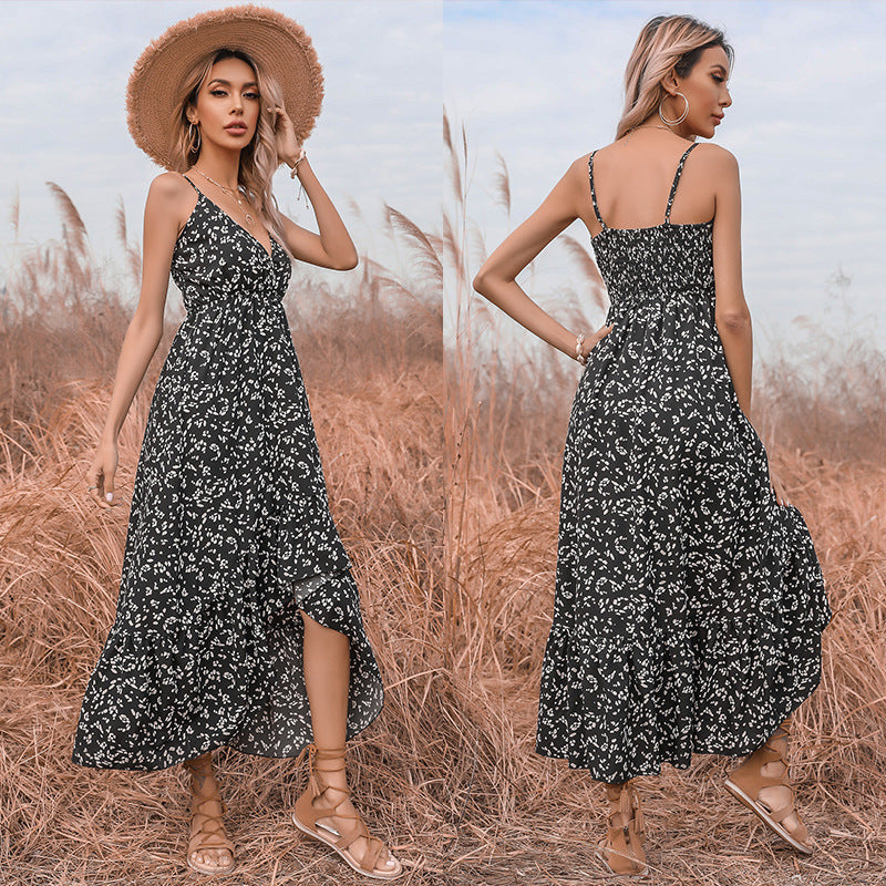 Floral Spaghetti Strap V-Neck Tiered High Split Midi Dress - View 6