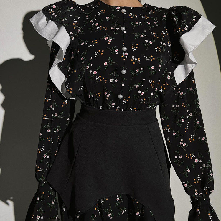 French Design Long Sleeve Dress Detachable Waist Seal Casual Floral Dress - Fashionpara