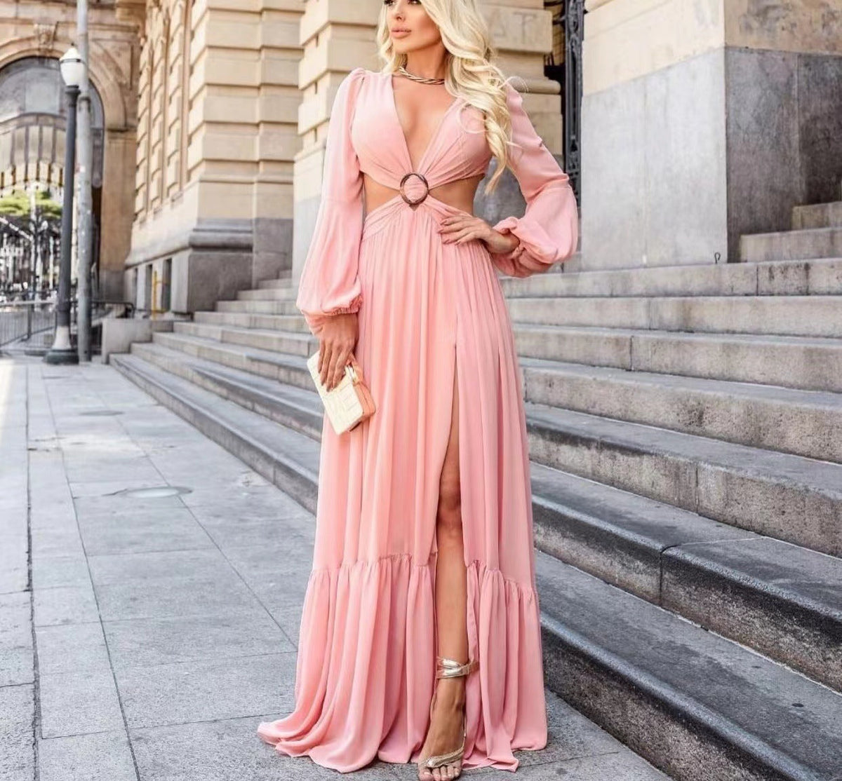 Chiffon V-Neck Long Sleeve Cutout Maxi Gown