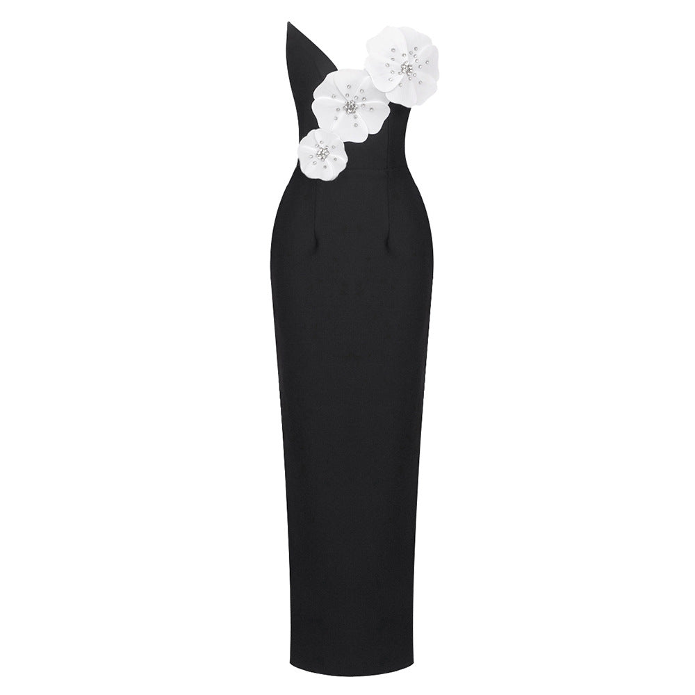 Strapless 3D Floral Applique Column Maxi Gown - View 5