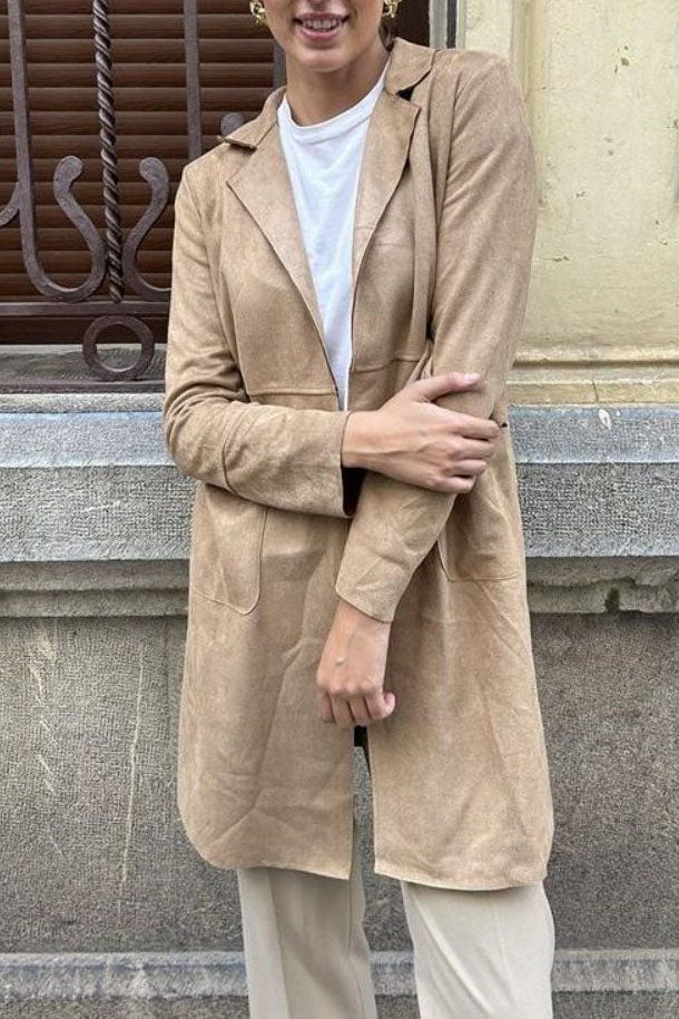 Chic Medium-Length Suede Trench Coat for Stylish Comfort