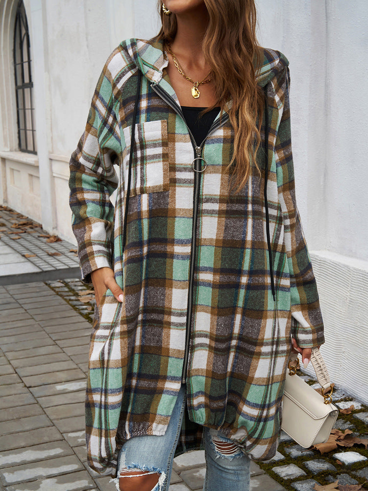 Stylish Plaid Zippered Hooded Long Jacket for Modern Looks