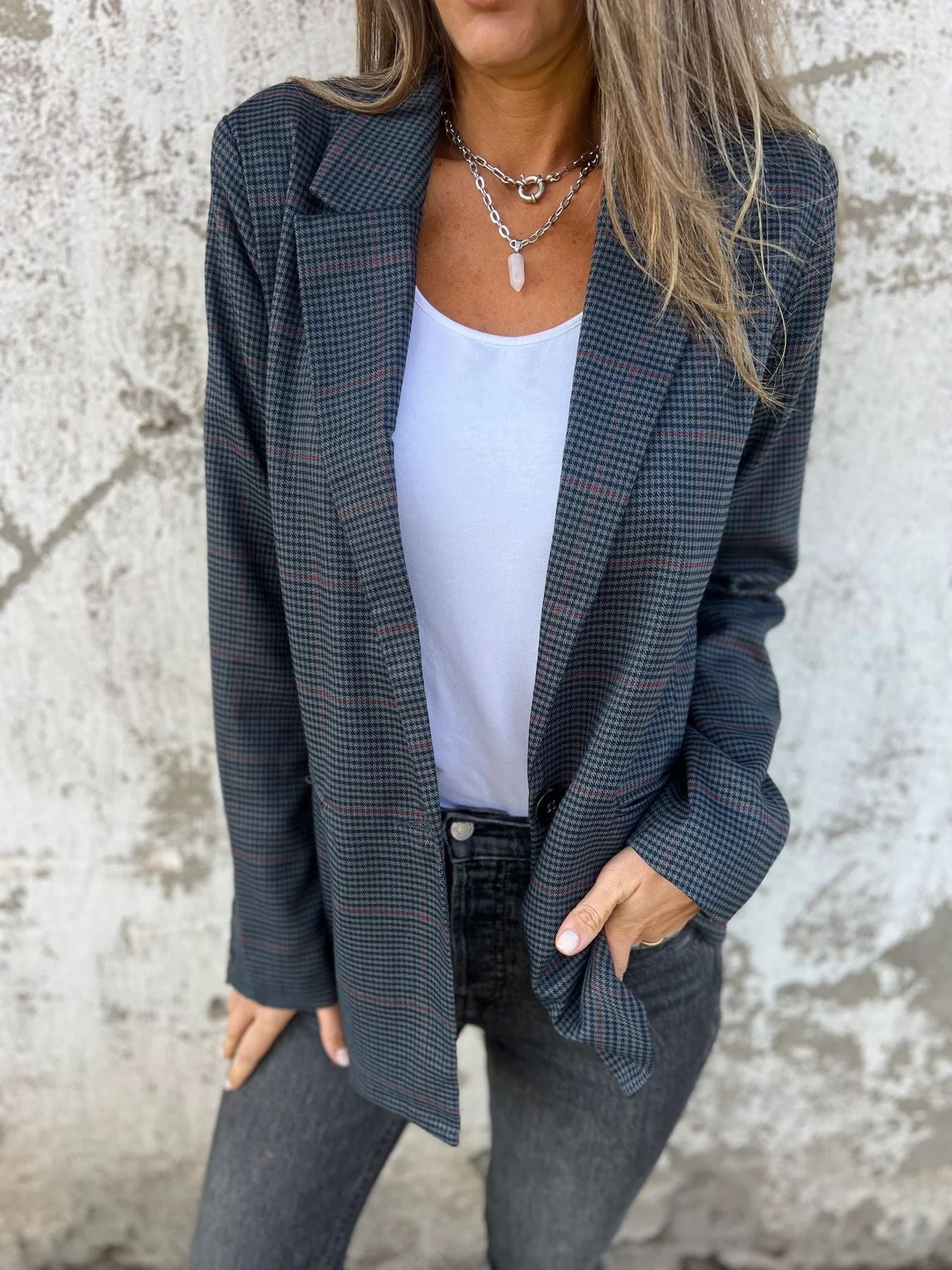 Elegant Houndstooth Single Button Blazer with Pockets