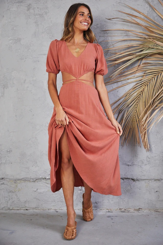 V-Neck Puff Sleeve Cut-Out A-Line Midi Dress