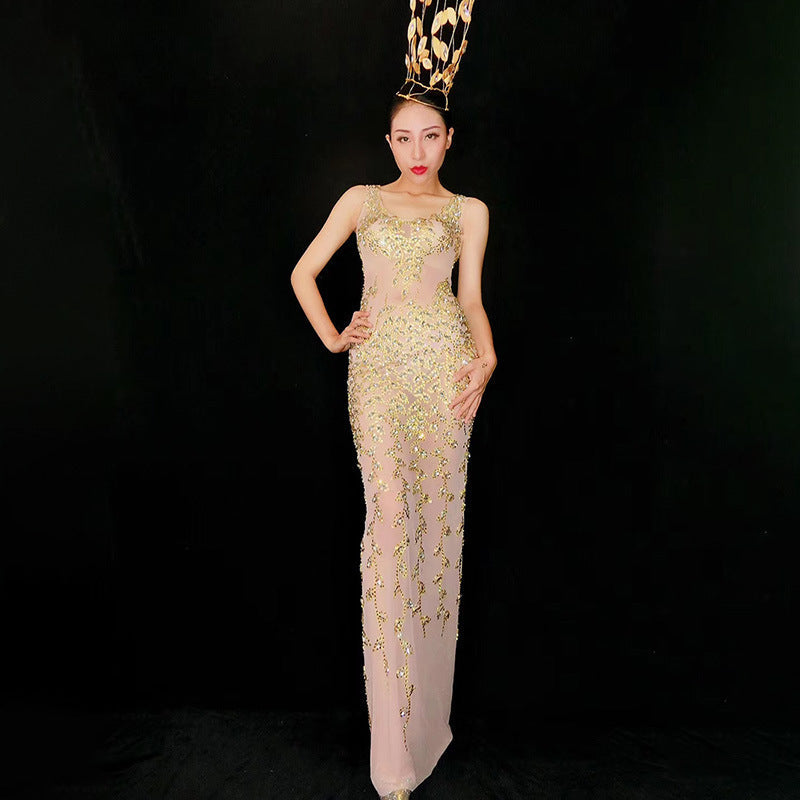 Sequin Beaded Crew Neck Sleeveless Mermaid Maxi Gown - View 3