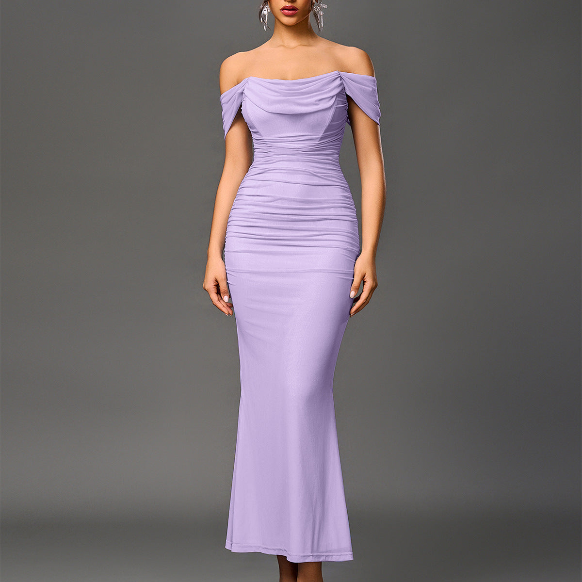 Off Shoulder Ruched Bodycon Mermaid Maxi Dress 7