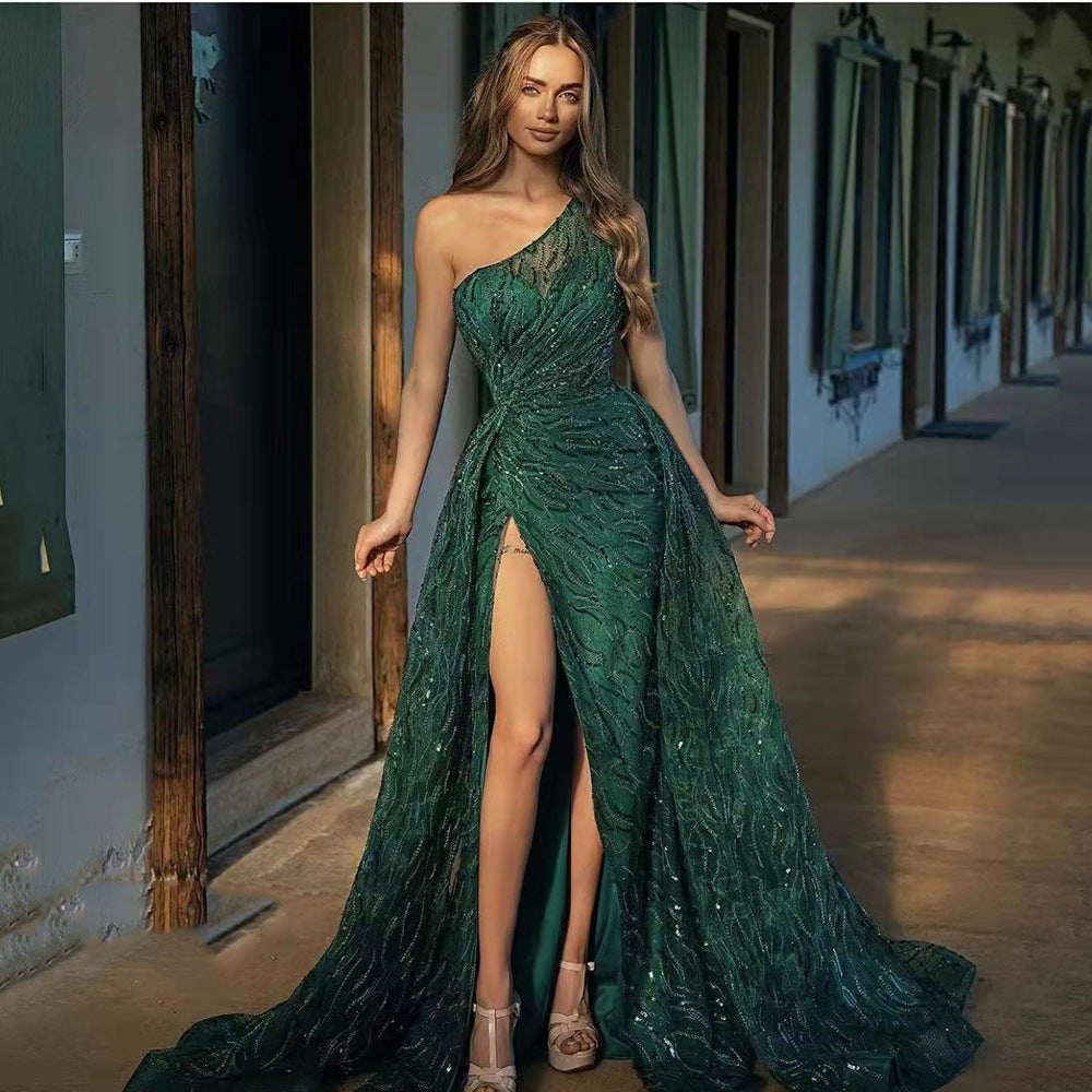 Sequin One Shoulder High Split Maxi Evening Gown