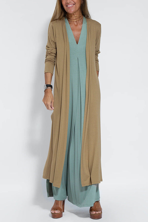 Sleeveless V-neck Elegant Long Dress with Matching Cardigan
