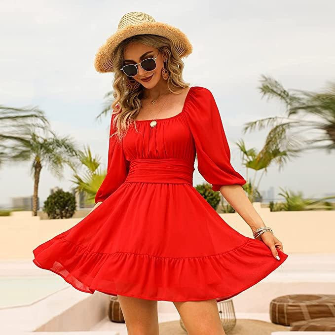 Blythe Gathered Puff Sleeve Dress - Red - Fashionpara