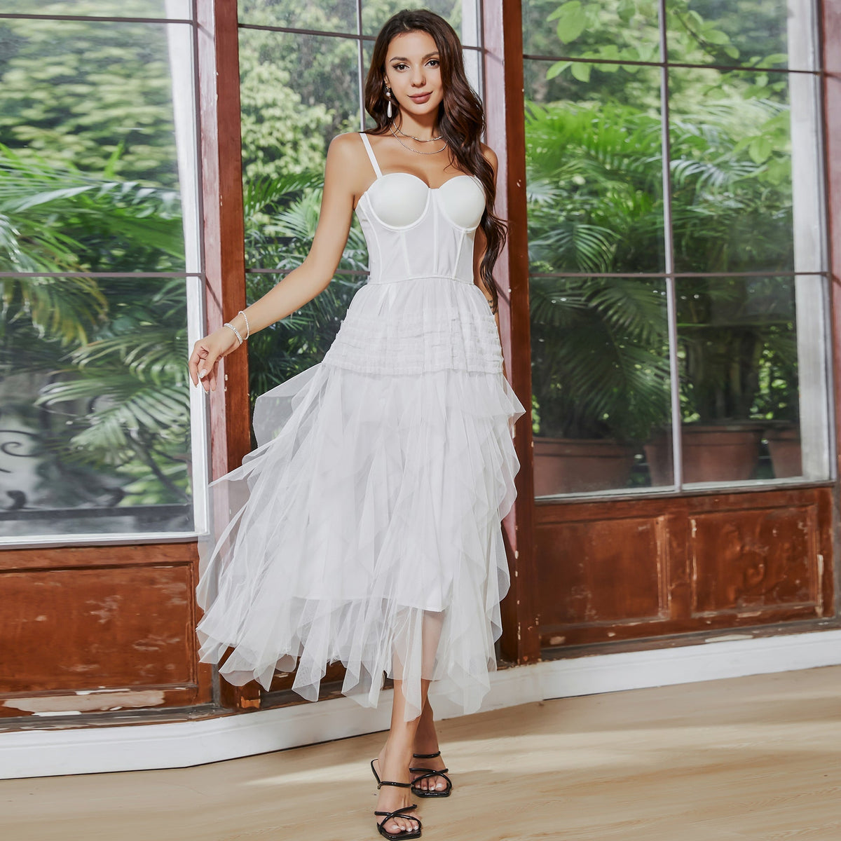 Spaghetti Strap Corset Bustier Tiered Tulle Ruffle Midi Dress - View 2