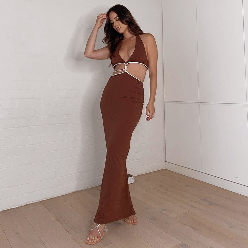 Halter Neck Rhinestone Cutout Bodycon Maxi Dress