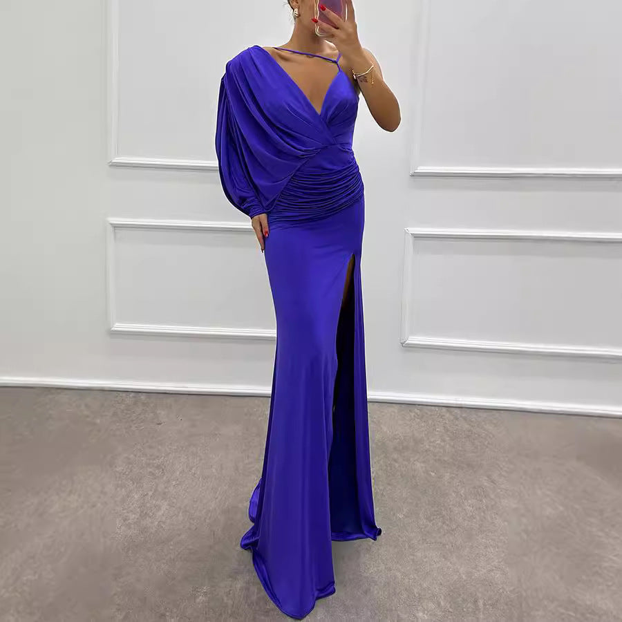 Deep V-Neck One Shoulder Pleated Sleeve Ruched High Split Maxi Gown