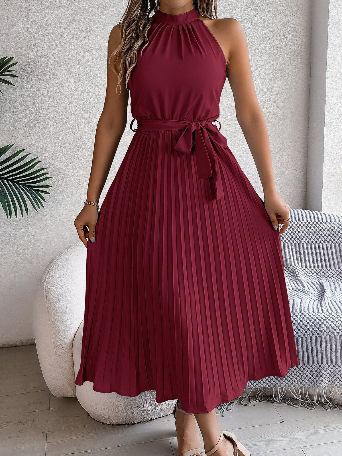 Halter Neck Sleeveless Belted Pleated Midi Dress