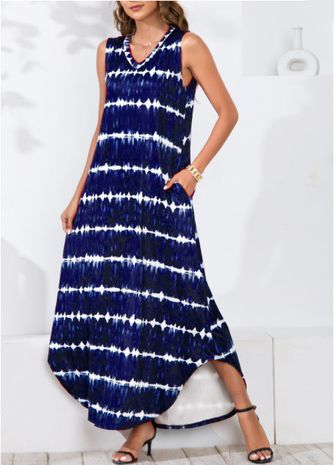 Tie Dye Print V-Neck Sleeveless Maxi Dress