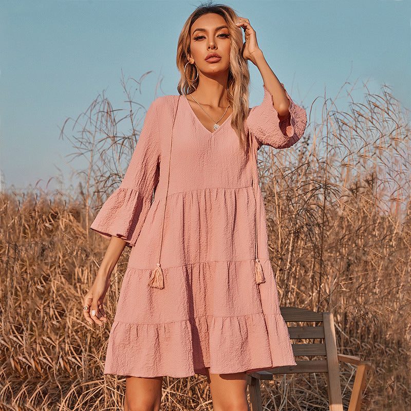 Textured V-Neck Flare Sleeve Tiered Swing Mini Dress