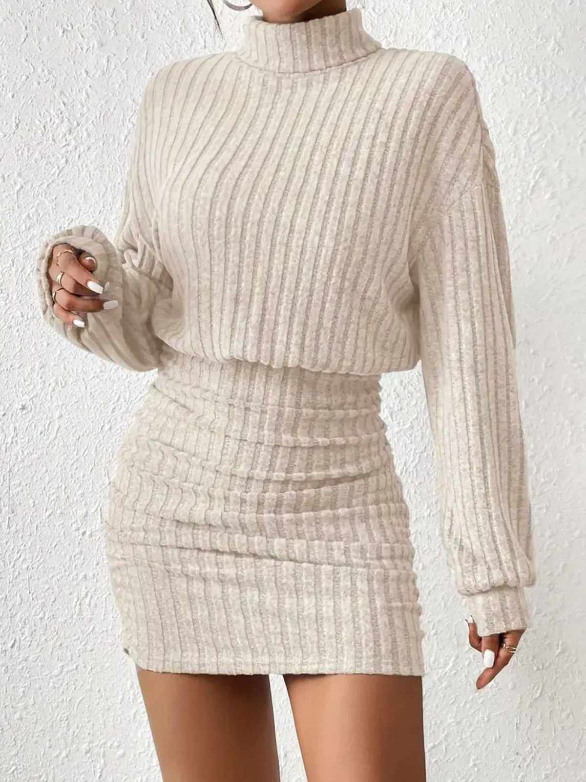 Ribbed Mock Neck Long Sleeve Ruched Bodycon Mini Sweater Dress 5