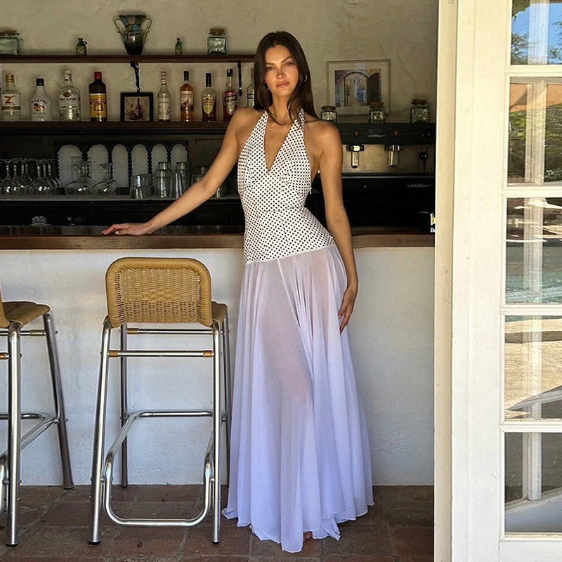 Personality Polka Dot Self Tie Halter V neck Backless Dress - Fashionpara