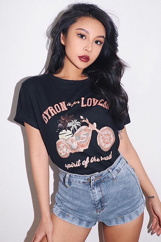 Motorcycle Print Short Sleeve Tops Shirt