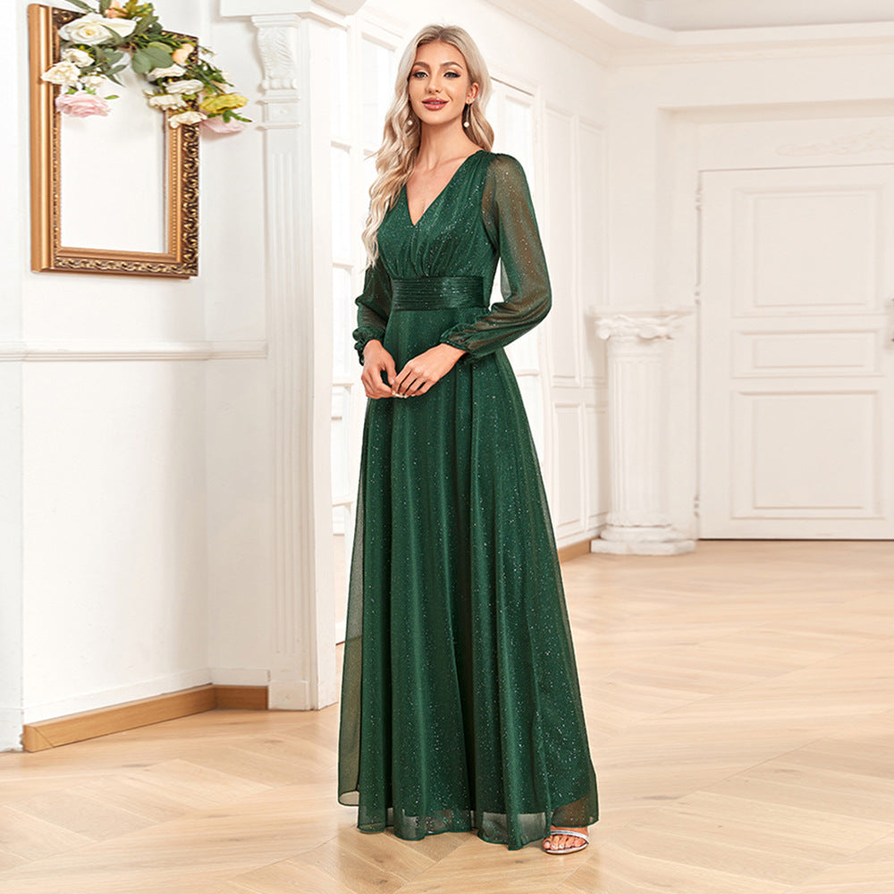 Glitter V-Neck Long Sleeve A-Line Chiffon Maxi Dress - View 2