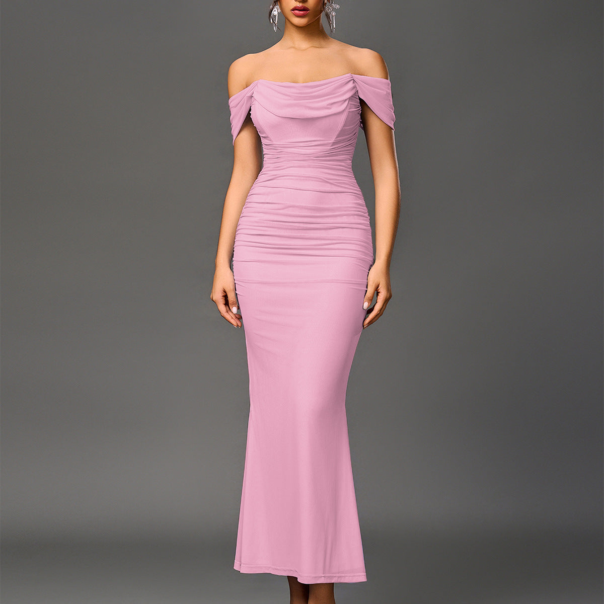 Off Shoulder Ruched Bodycon Mermaid Maxi Dress 10