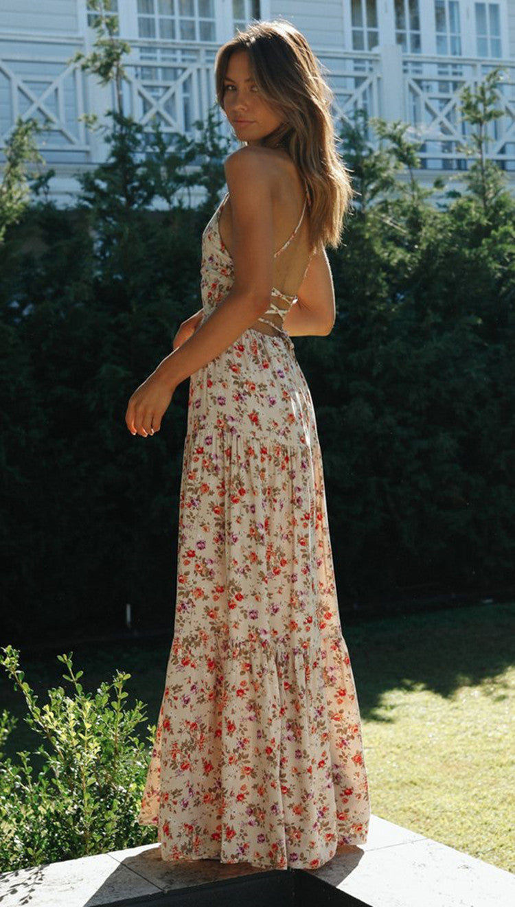 Floral Print Halter Neck Tiered Maxi Dress