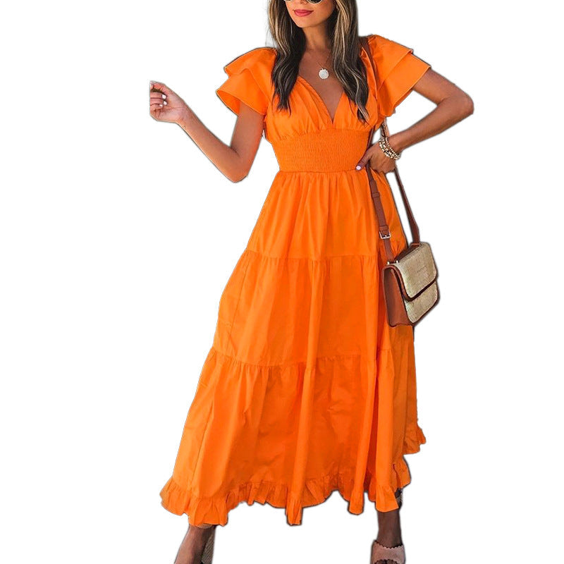V-Neck Flutter Sleeve Smocked Tiered Maxi Dress