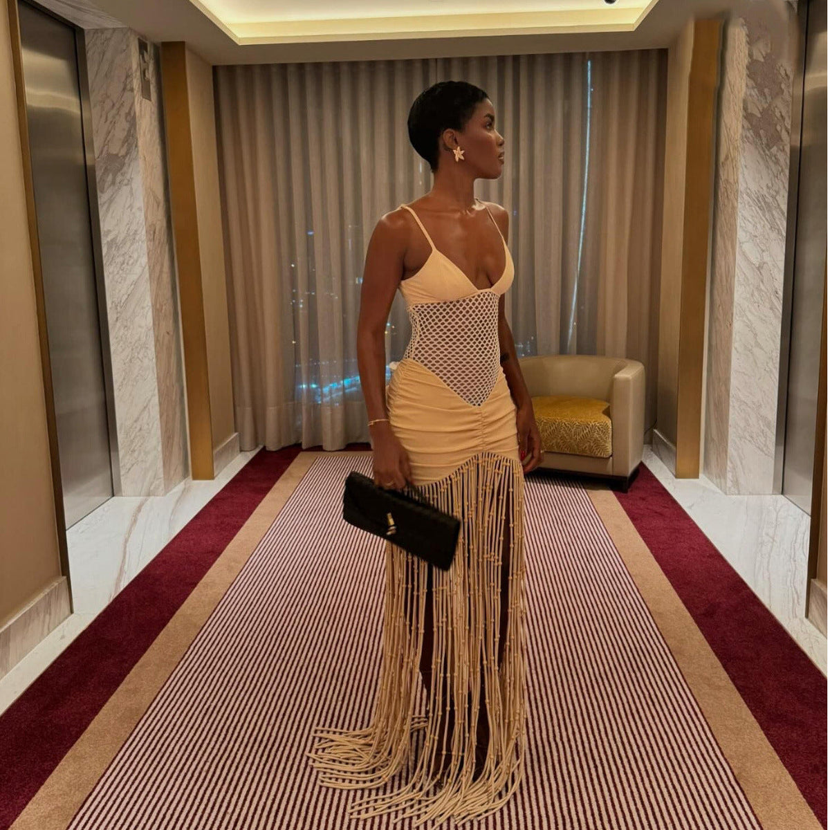 Suspenders Mesh Cropped Outfit Ruffle Hip Tassel Dress - View 2