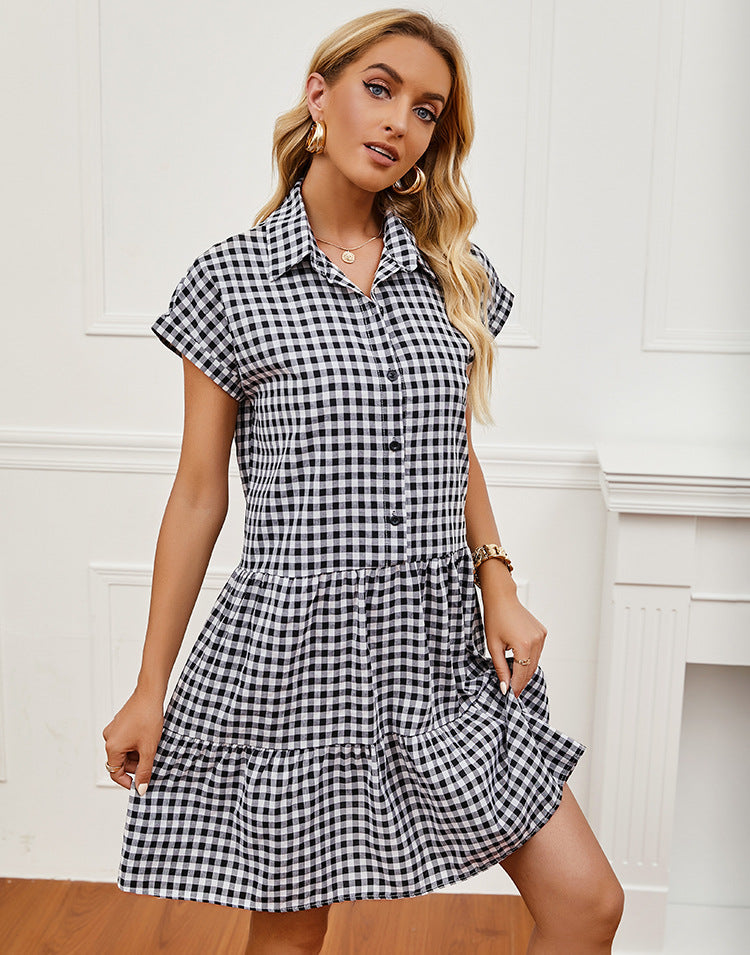 Gingham Collared Short Sleeve Tiered Mini Dress