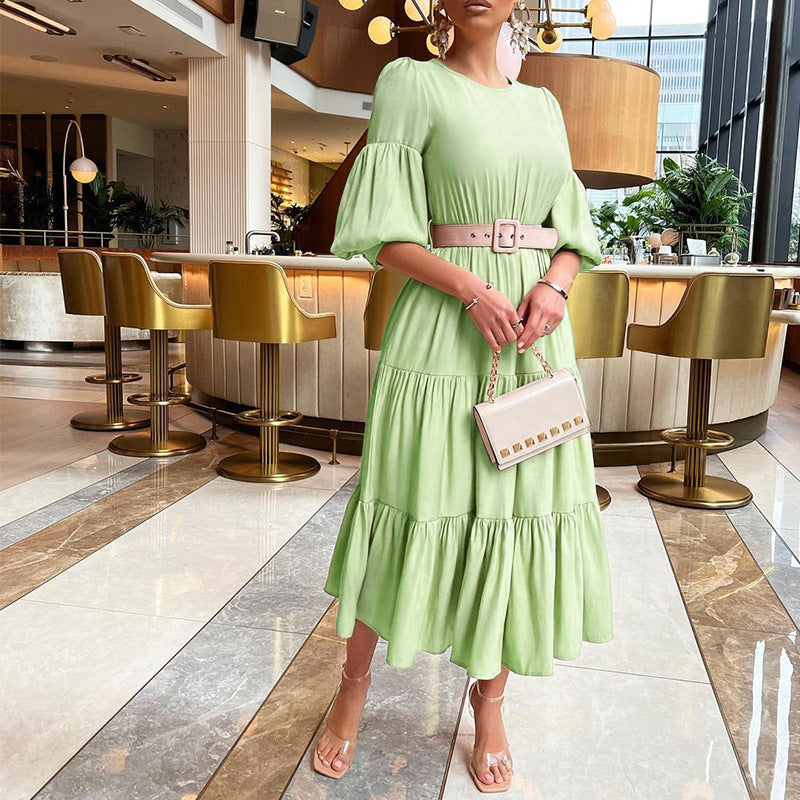 Round Neck Puff Sleeve Belted Tiered Midi Dress