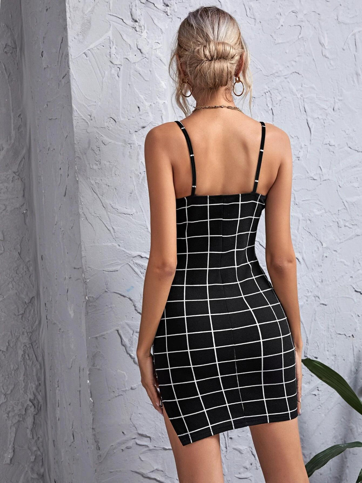 Windowpane Check Square Neck Bodycon Mini Dress