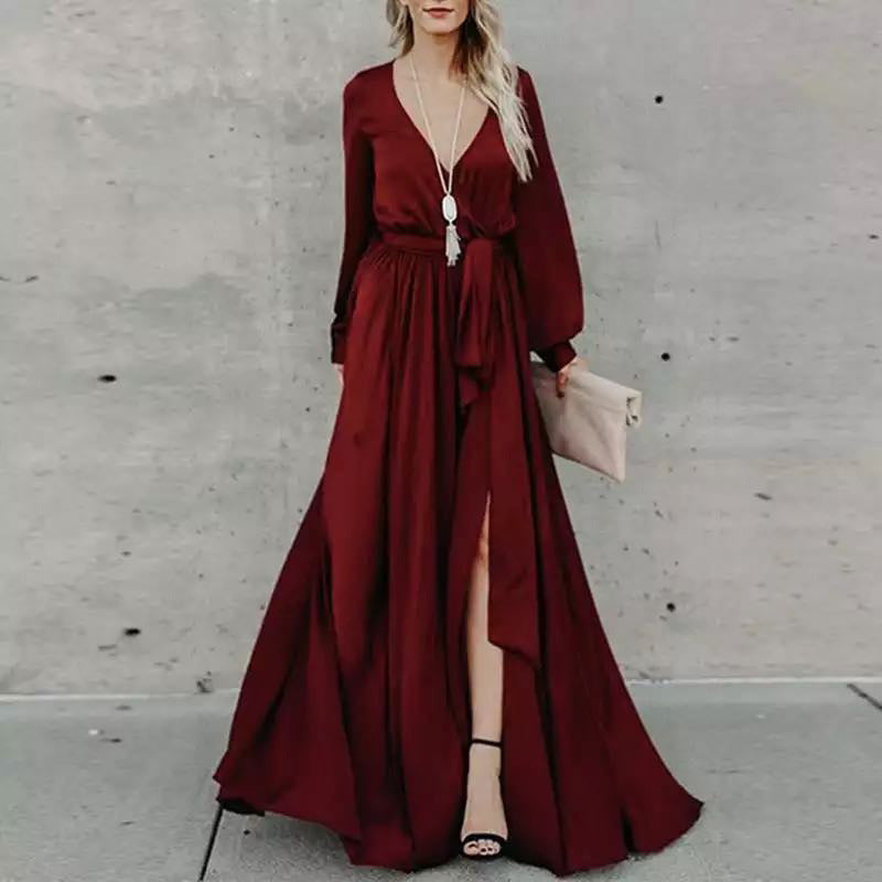 Satin Deep V Neck Long Sleeve Belted High Split Maxi Dress