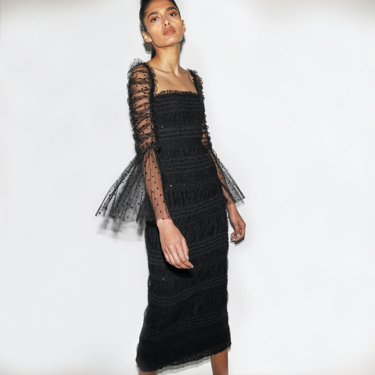 Black Flared Sleeves Slimming Long Sleeve Dot Mesh Korean Dress Dress