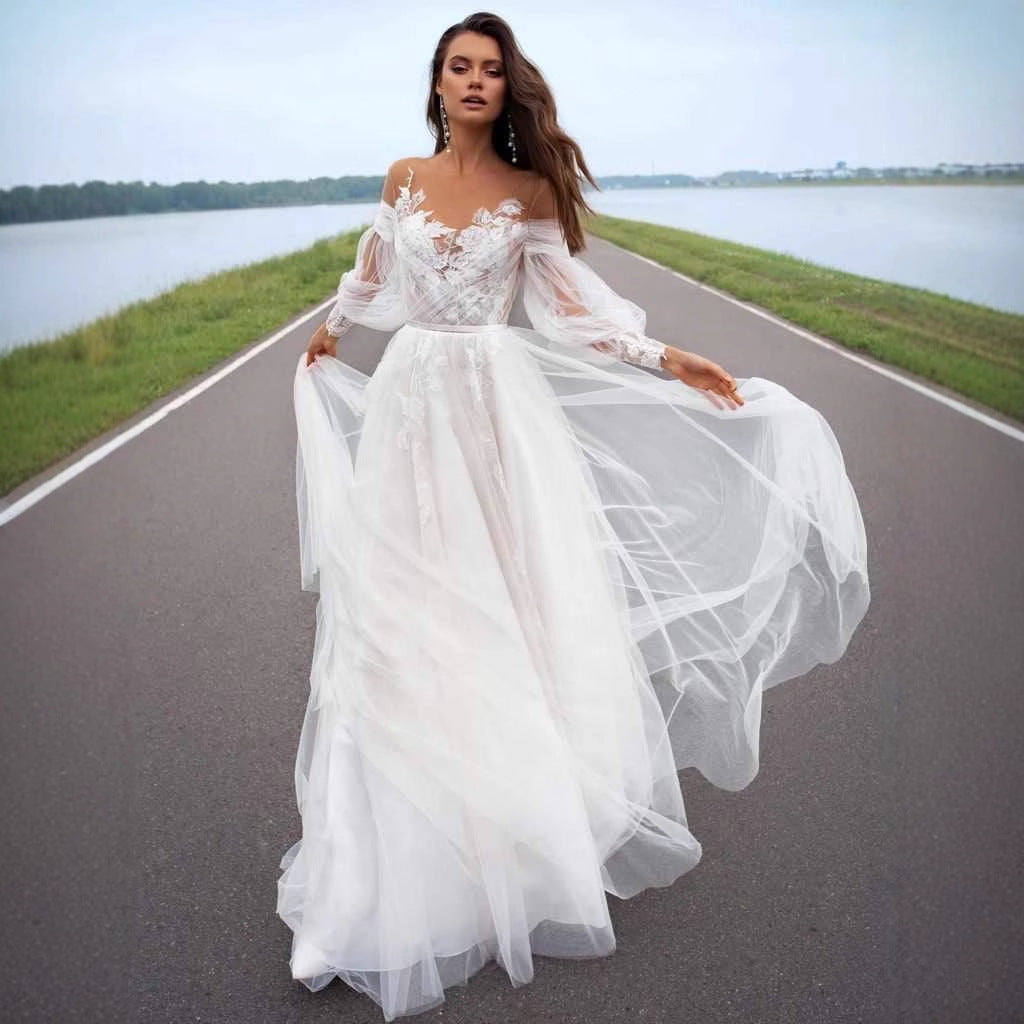 Strapless Bubble Sleeve Sheer Wedding Dress