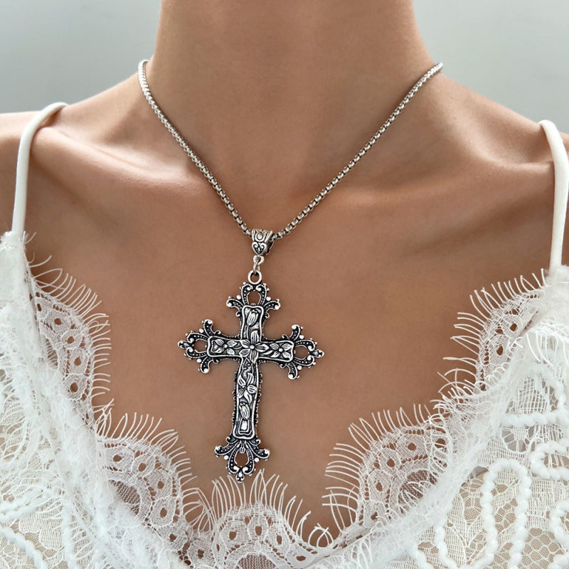 Gothic Silver Cross Hip-Hop Sweater Necklace for Trendsetters