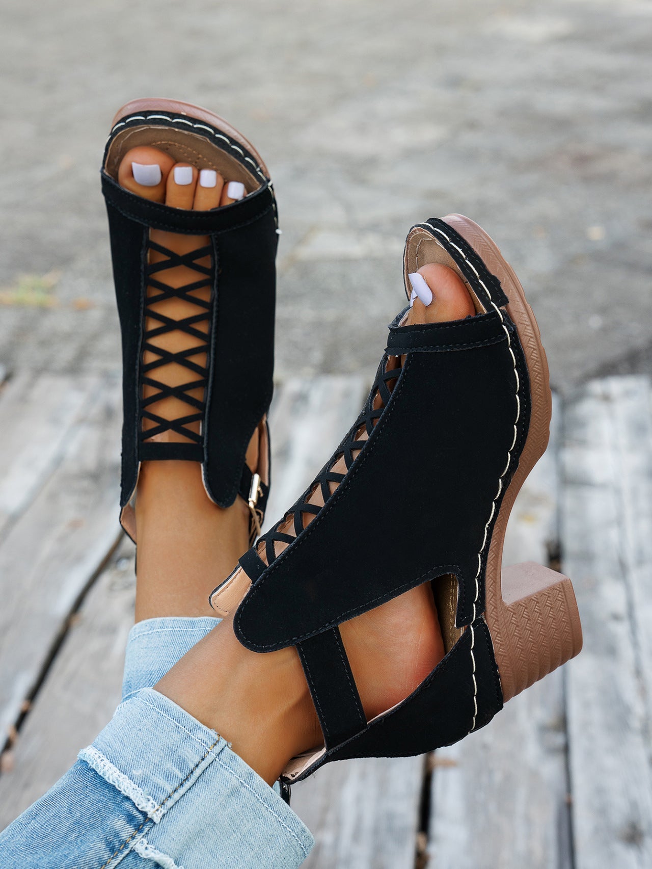 Chunky high heel open toe hollow buckle Roman sandals
