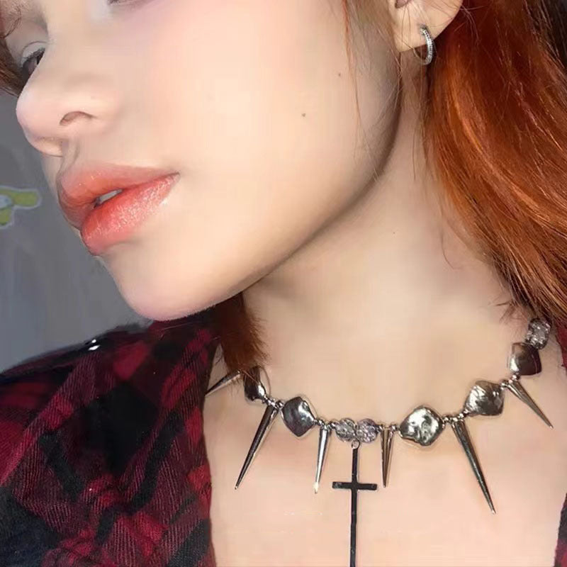 Cross Rivet Exaggerated Punk Y2K Necklace Silver Halloween