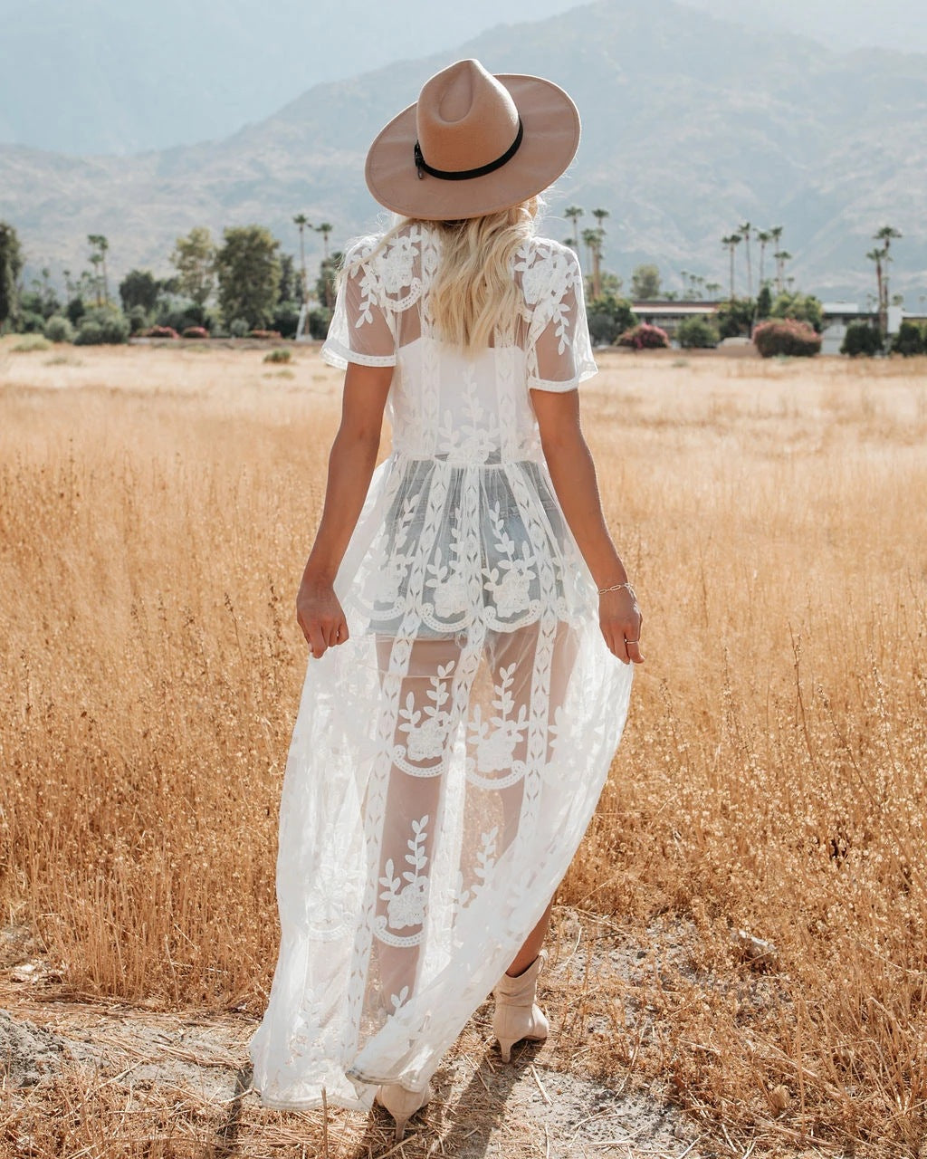 Sheer Lace Embroidered Open Front Maxi Kimono