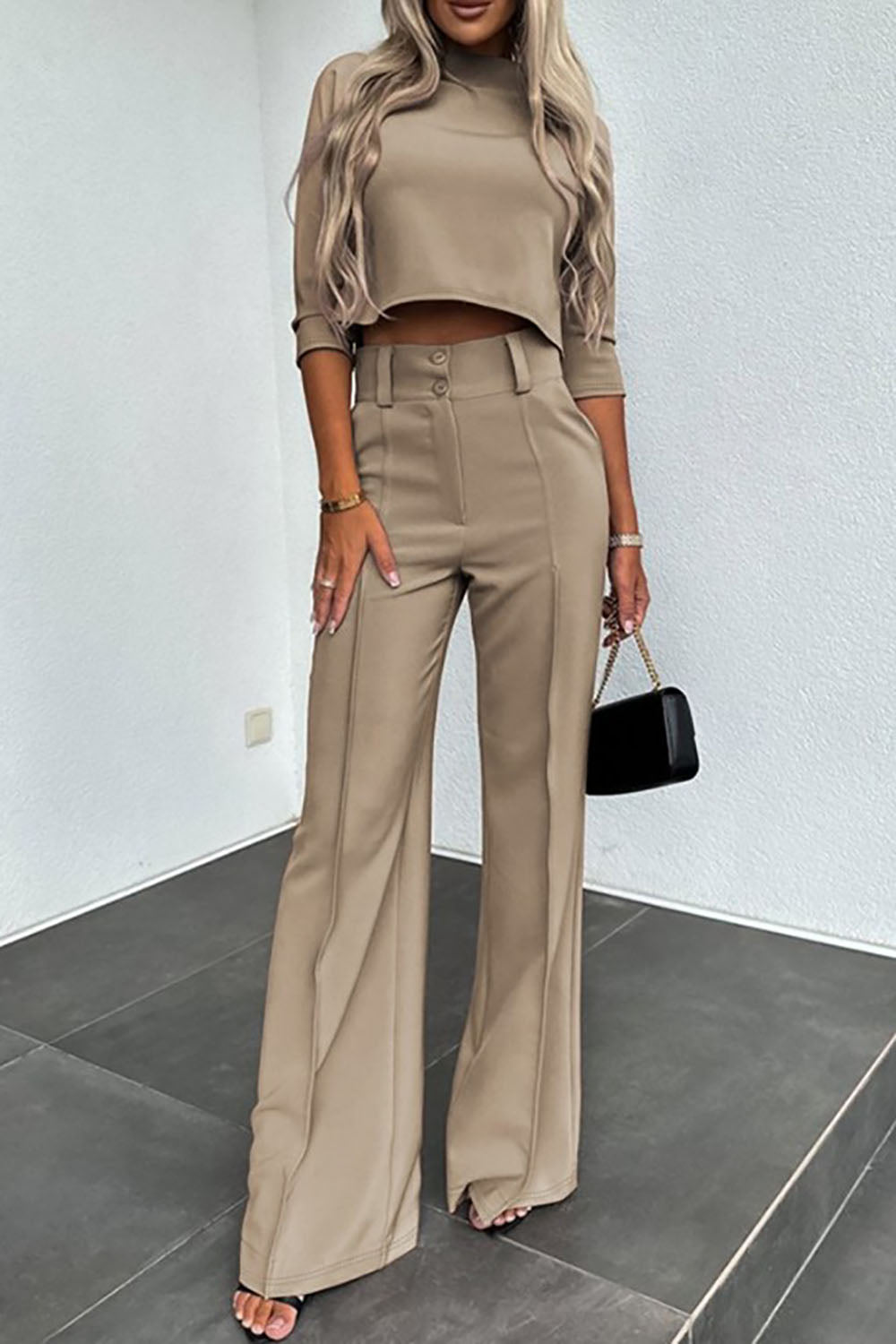 Business Casual Mid-Sleeve Pullover Wide-Leg Pants Set