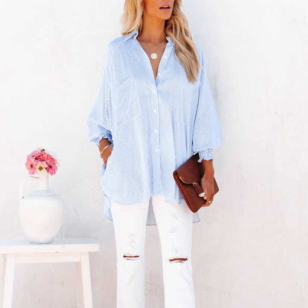 Striped Off Shoulder Long Sleeve Button Down Shirt 4