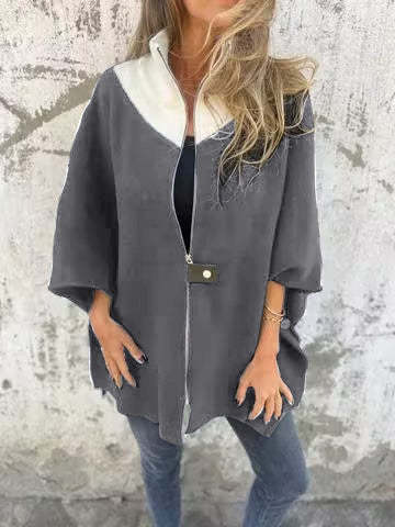 Loose Zip-Up Batwing Jacket with Stand Collar for Comfort