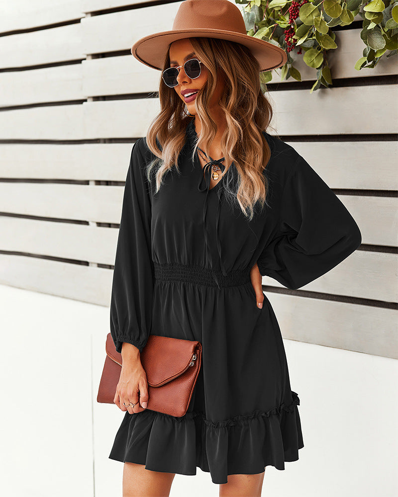 Chiffon Tie Neck Long Sleeve Ruffle Hem Mini Dress