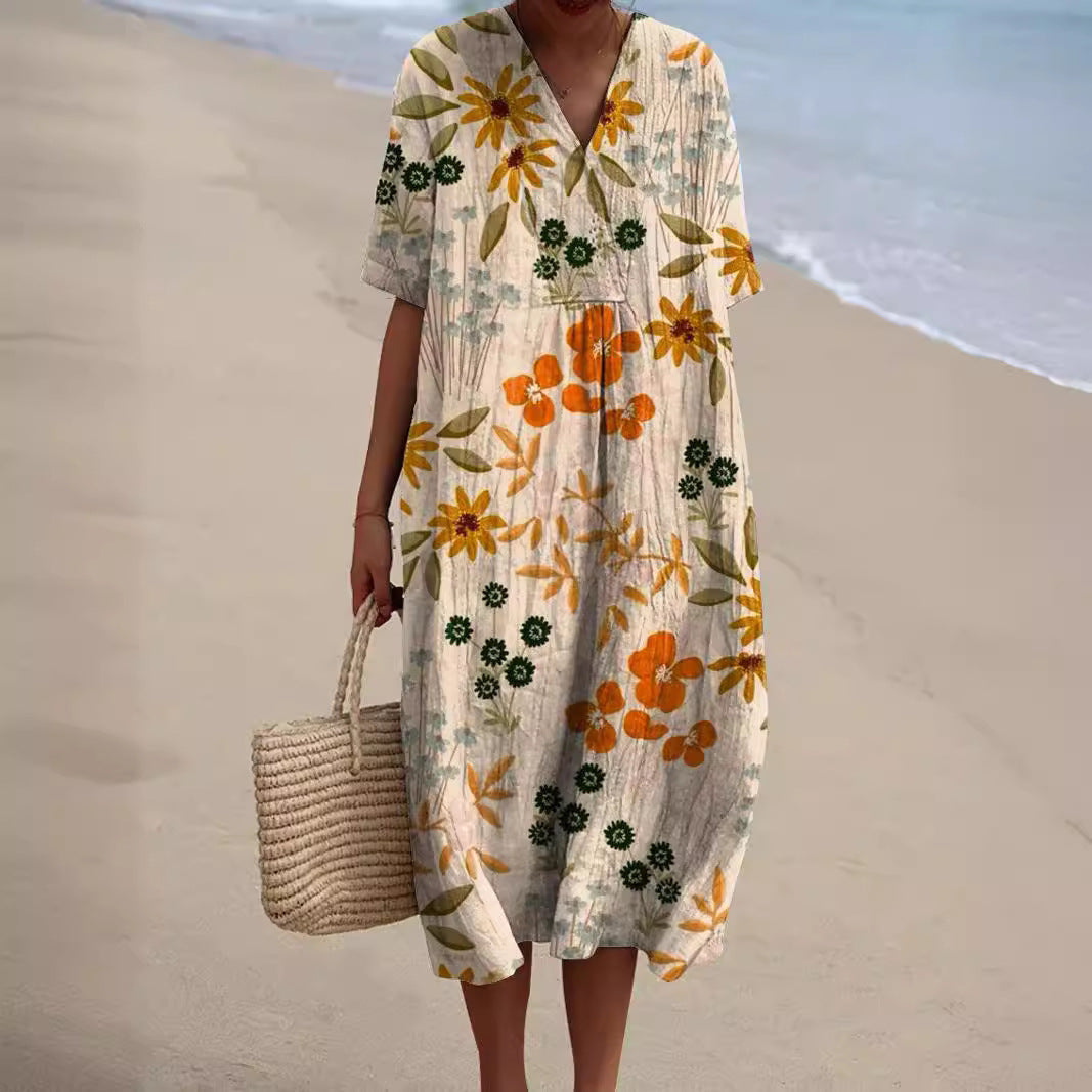 Floral Print V-Neck Short Sleeve Cotton Midi Dress - View 3